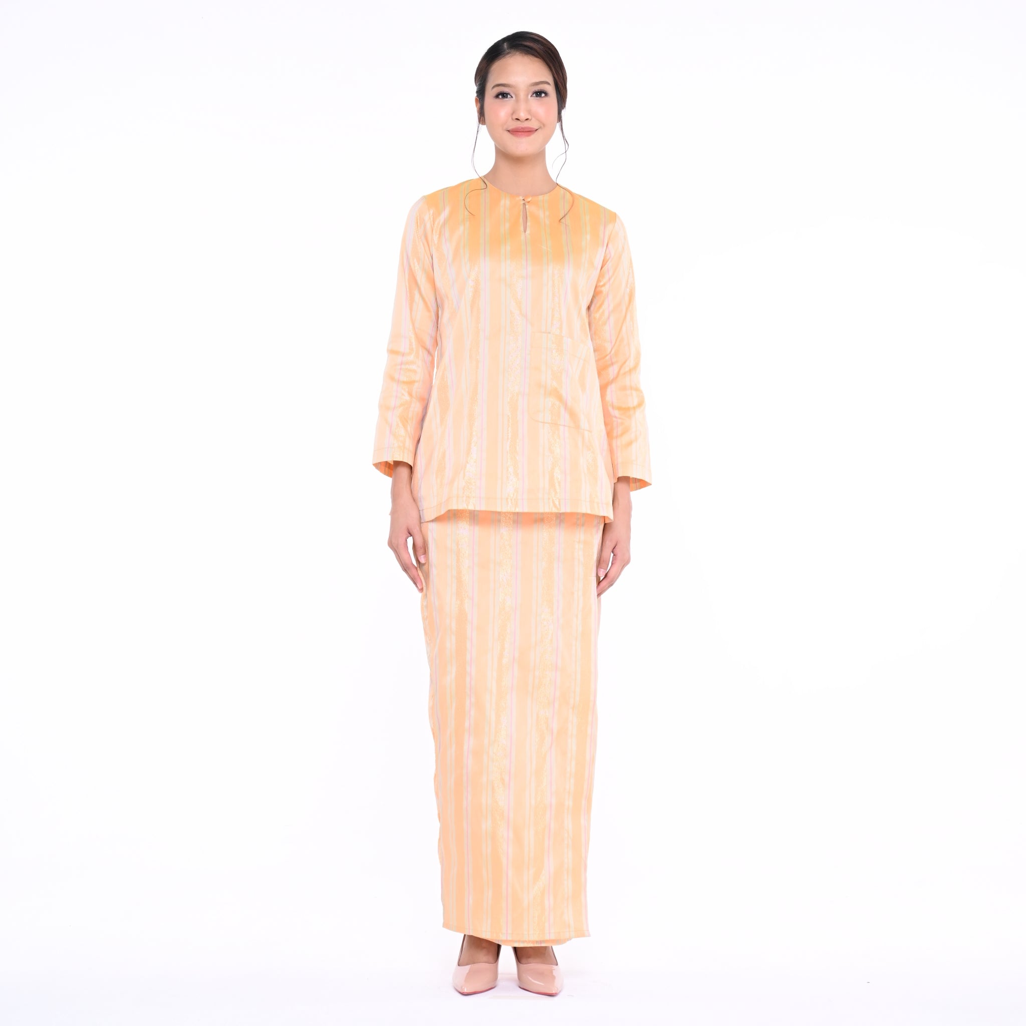 Baju Kedah Pocket Lela Jalur Peach