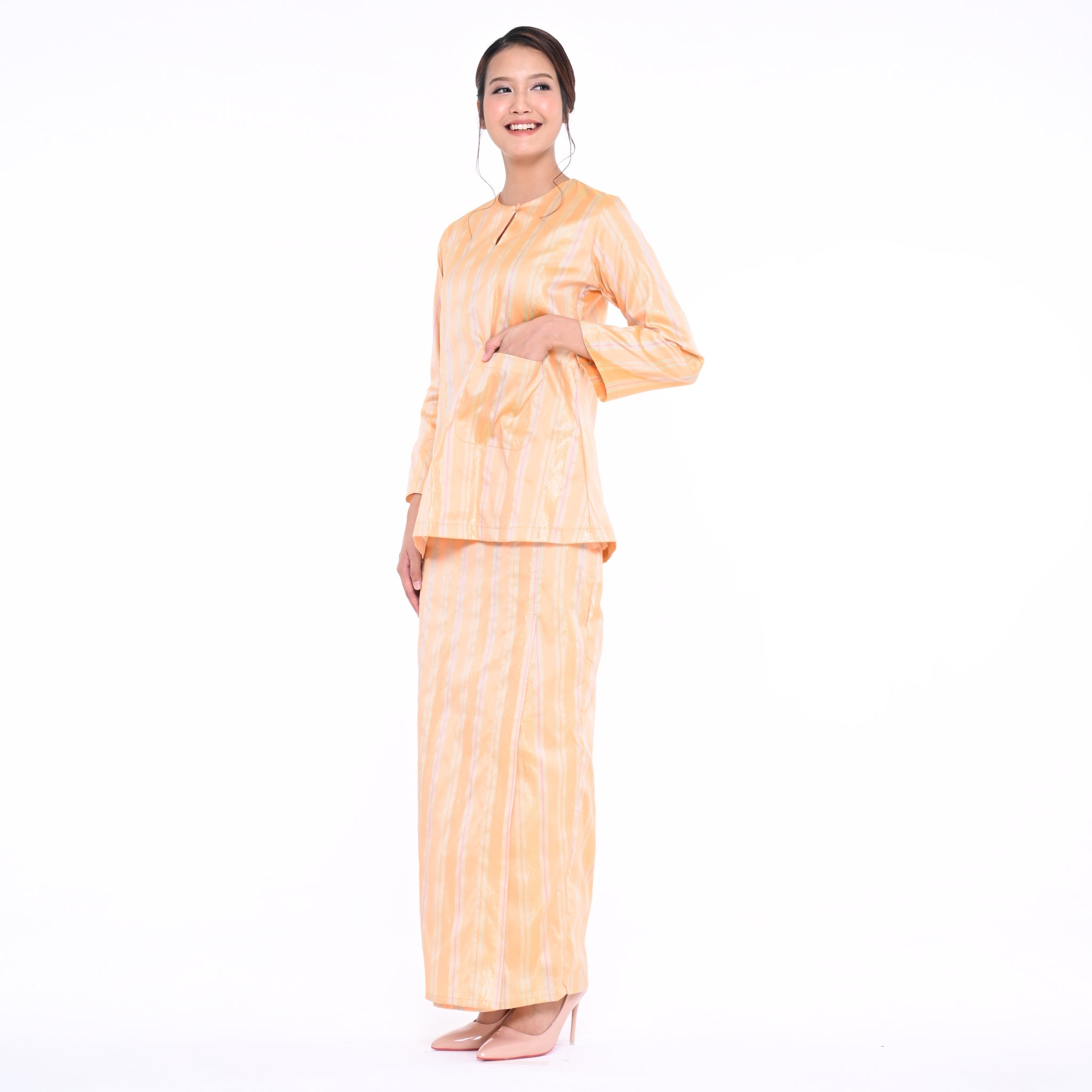 Baju Kedah Pocket Lela Jalur Peach