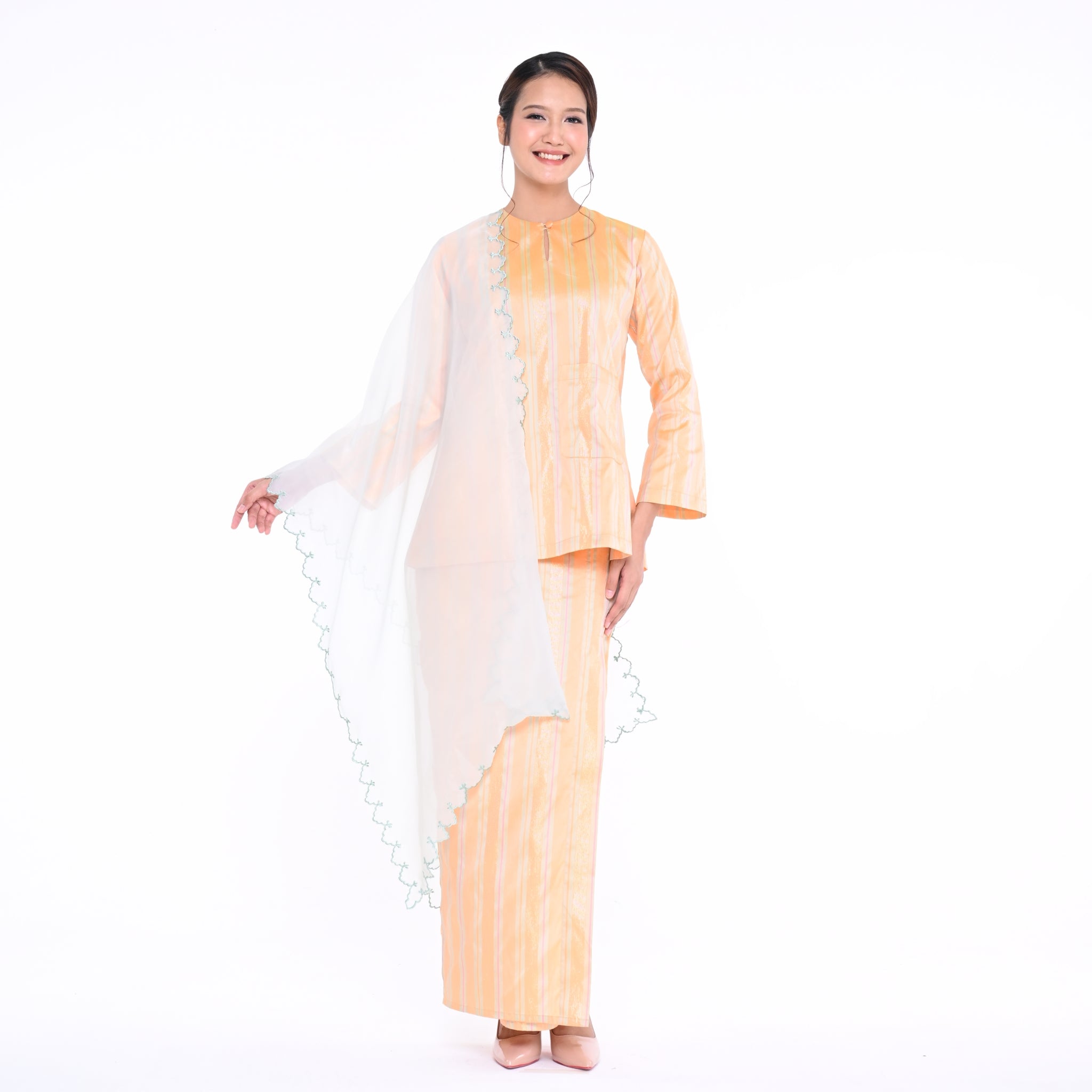 Baju Kedah Pocket Lela Jalur Peach