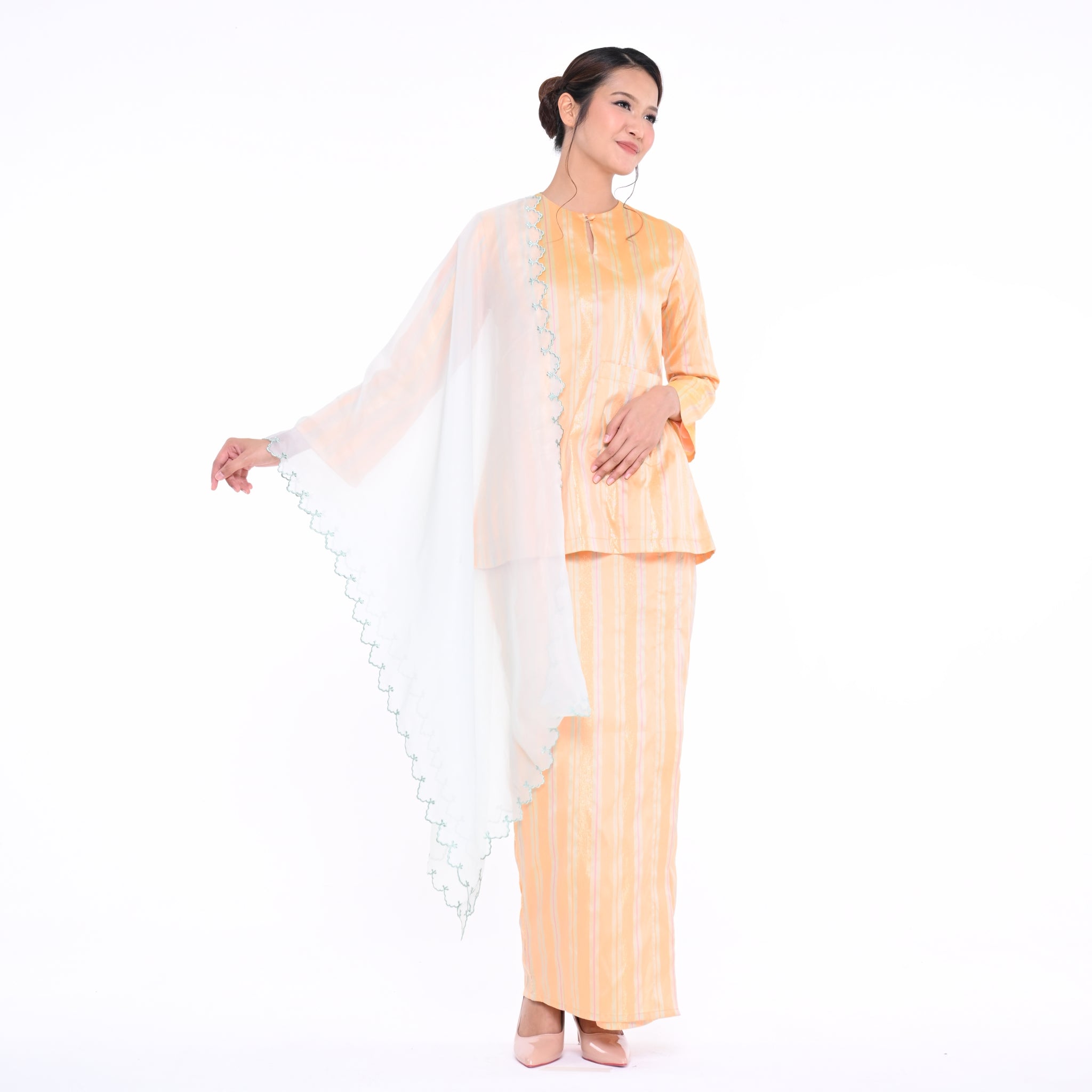 Baju Kedah Pocket Lela Jalur Peach