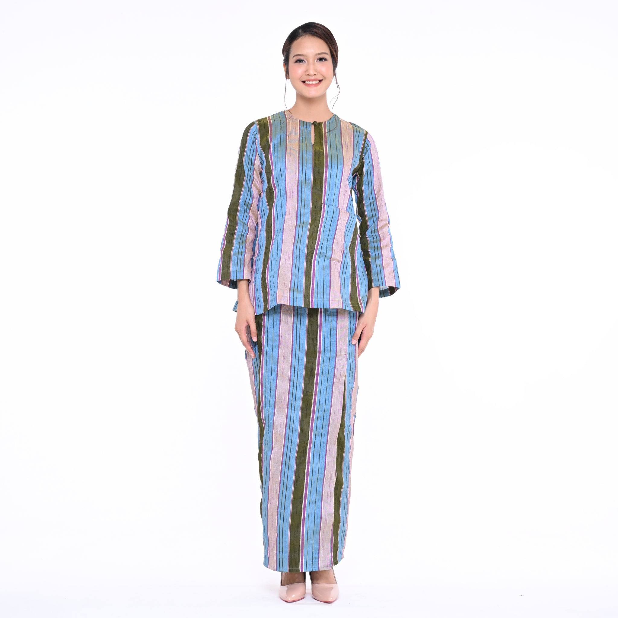 Baju Kedah Pocket Lela Jalur Blue