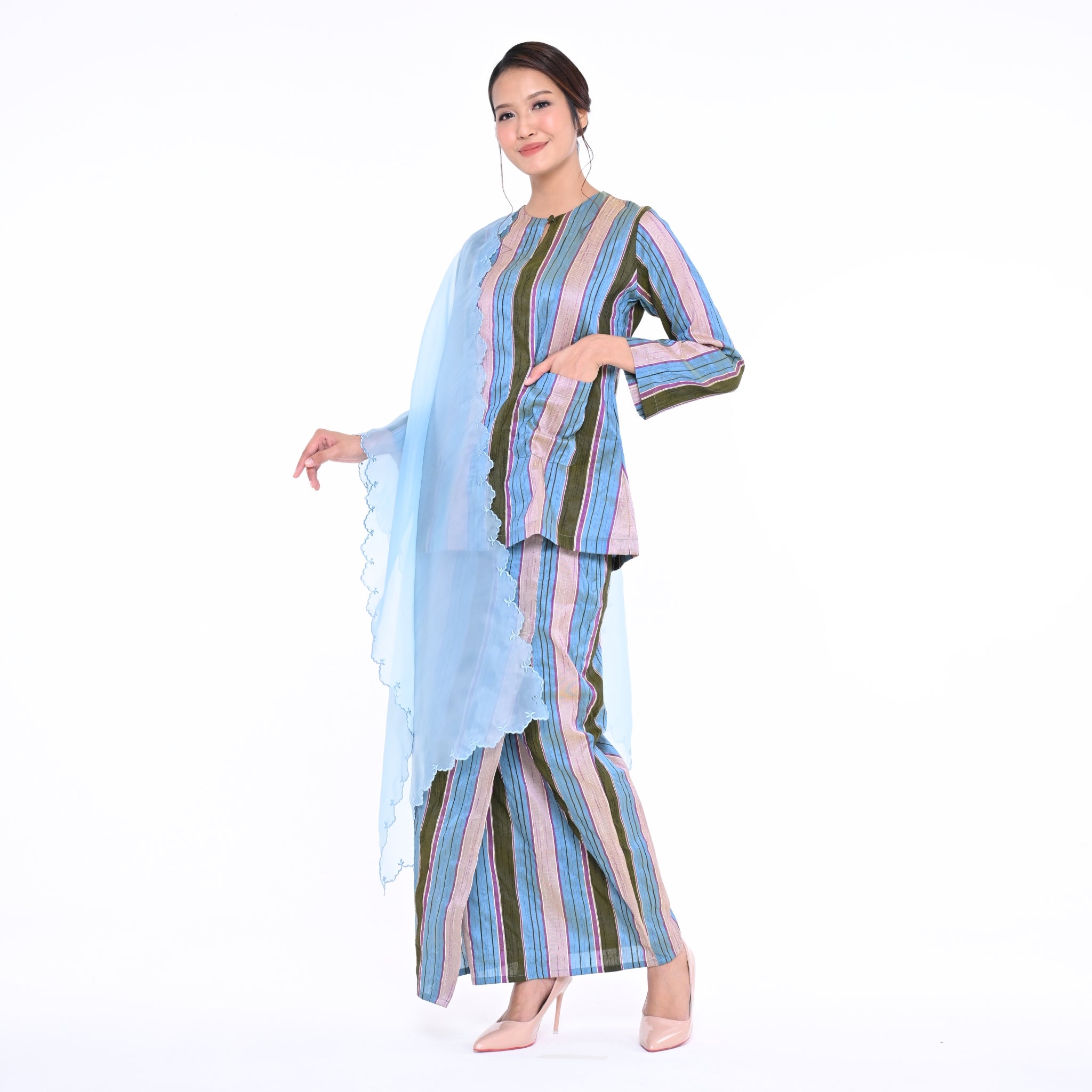 Baju Kedah Pocket Lela Jalur Blue