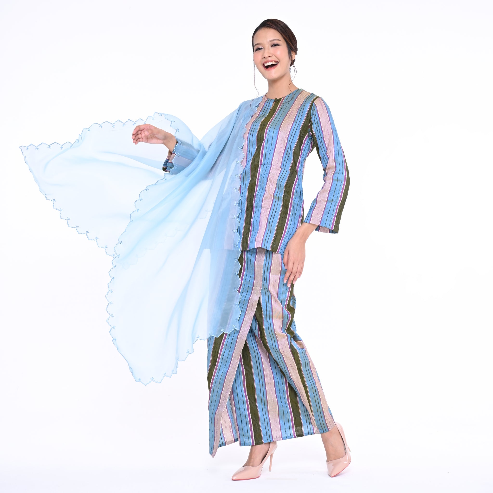 Baju Kedah Pocket Lela Jalur Blue