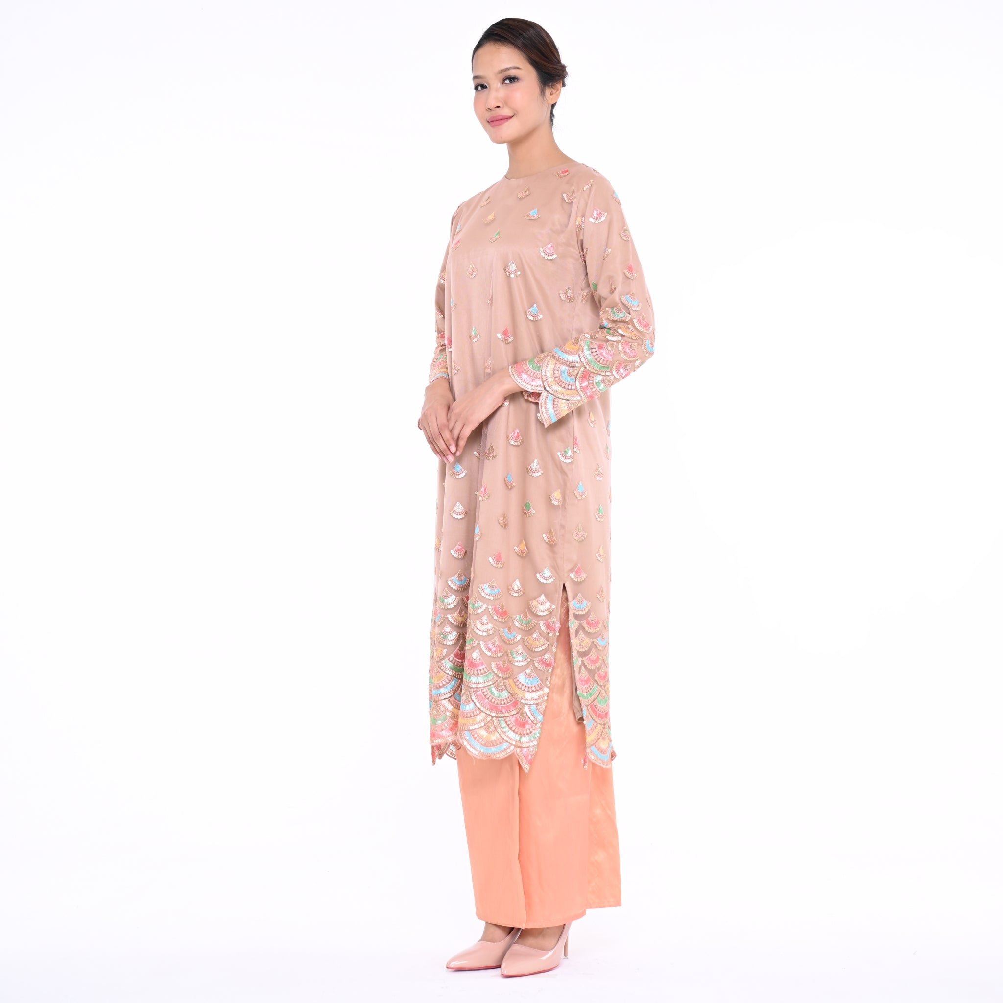 Baju Kurung Moden Srikandi Peach Net