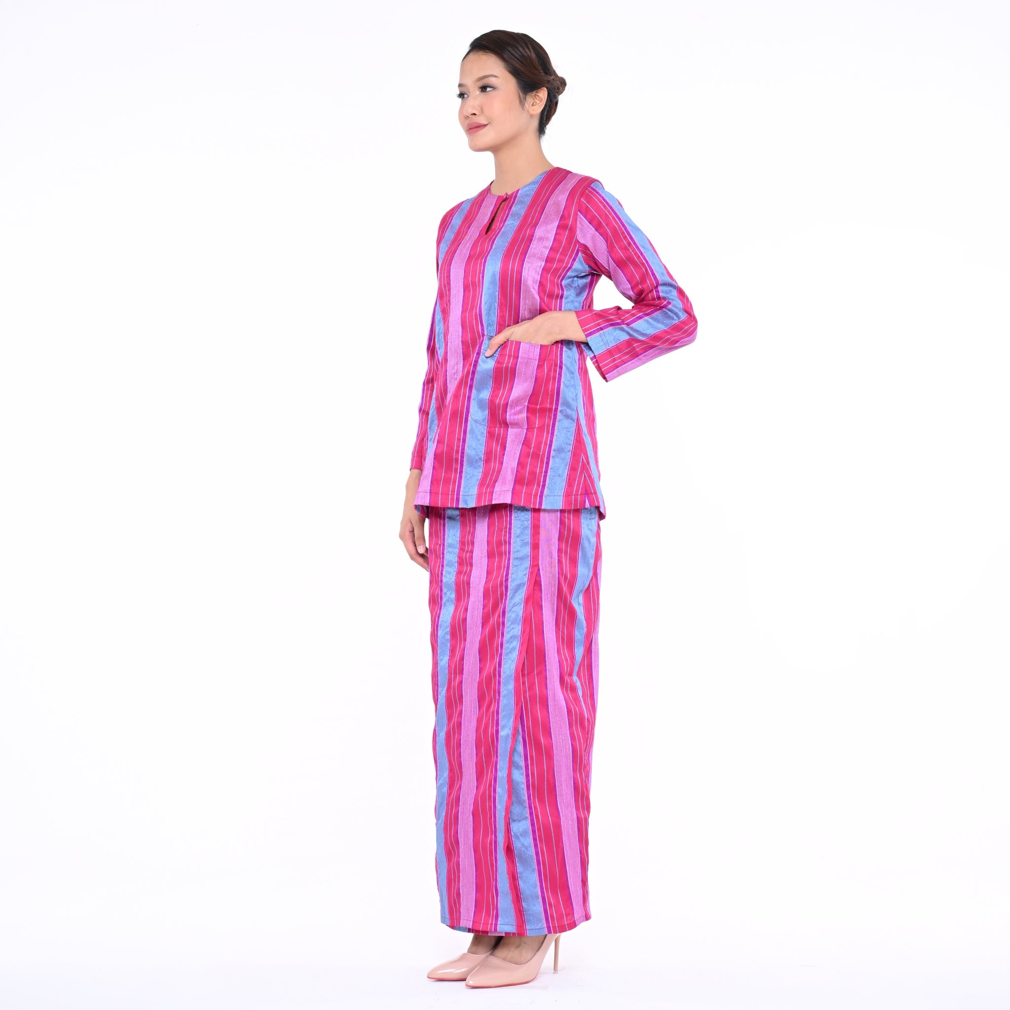 Baju Kedah Pocket Lela Jalur Magenta