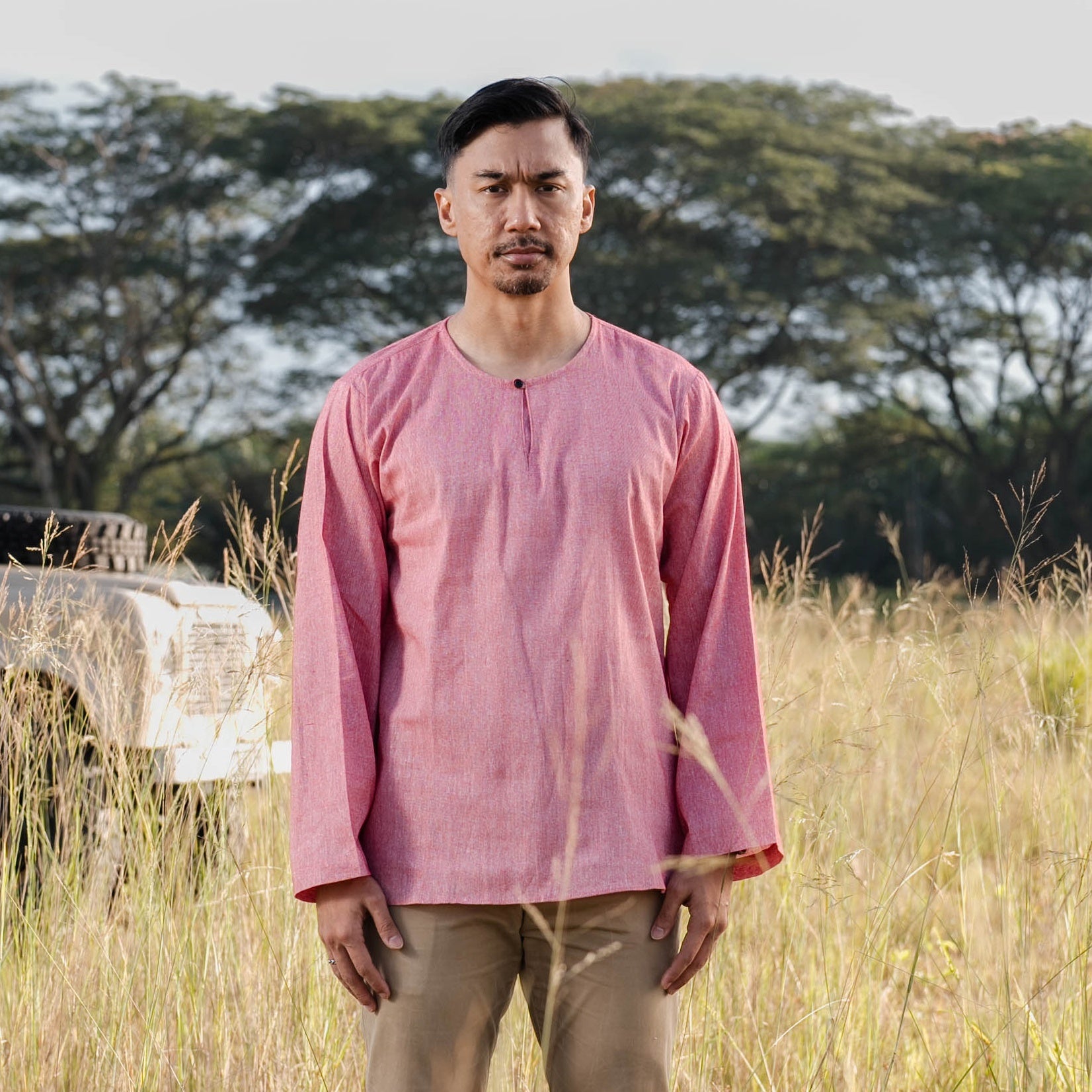 Men Kurta Cotton Linen - Light Red