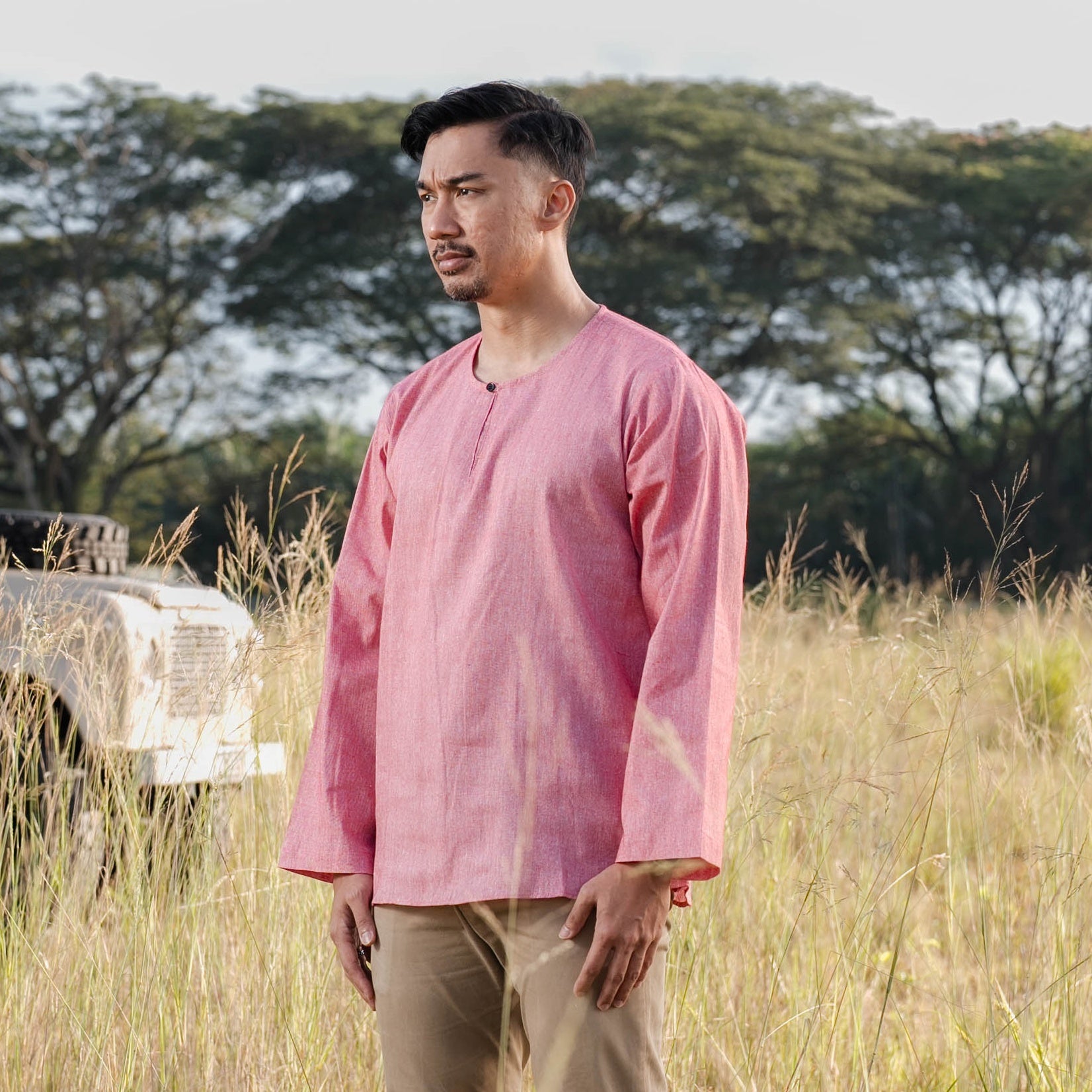 Men Kurta Cotton Linen - Light Red