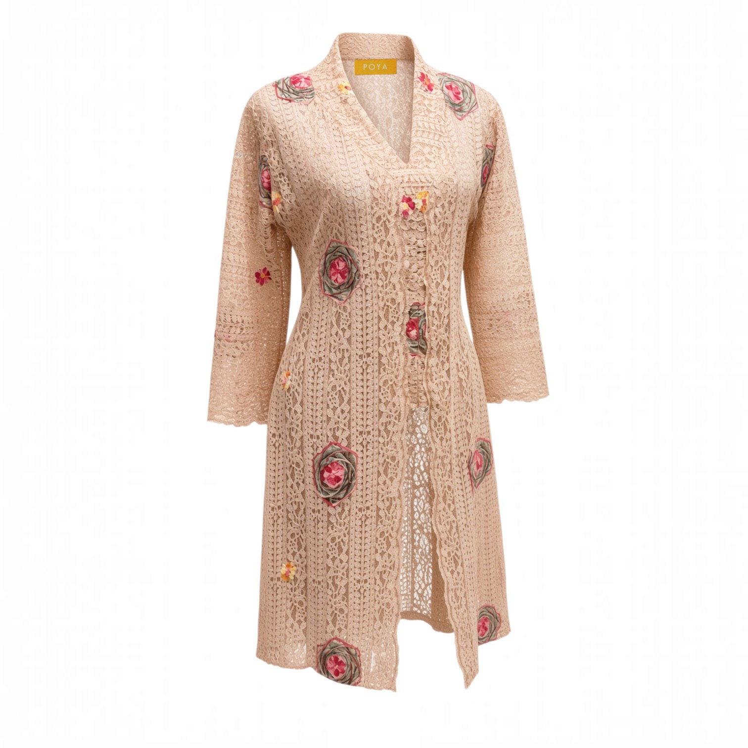 POYA brown long kebaya top in embroidered lace with floral accents and a classic silhouette