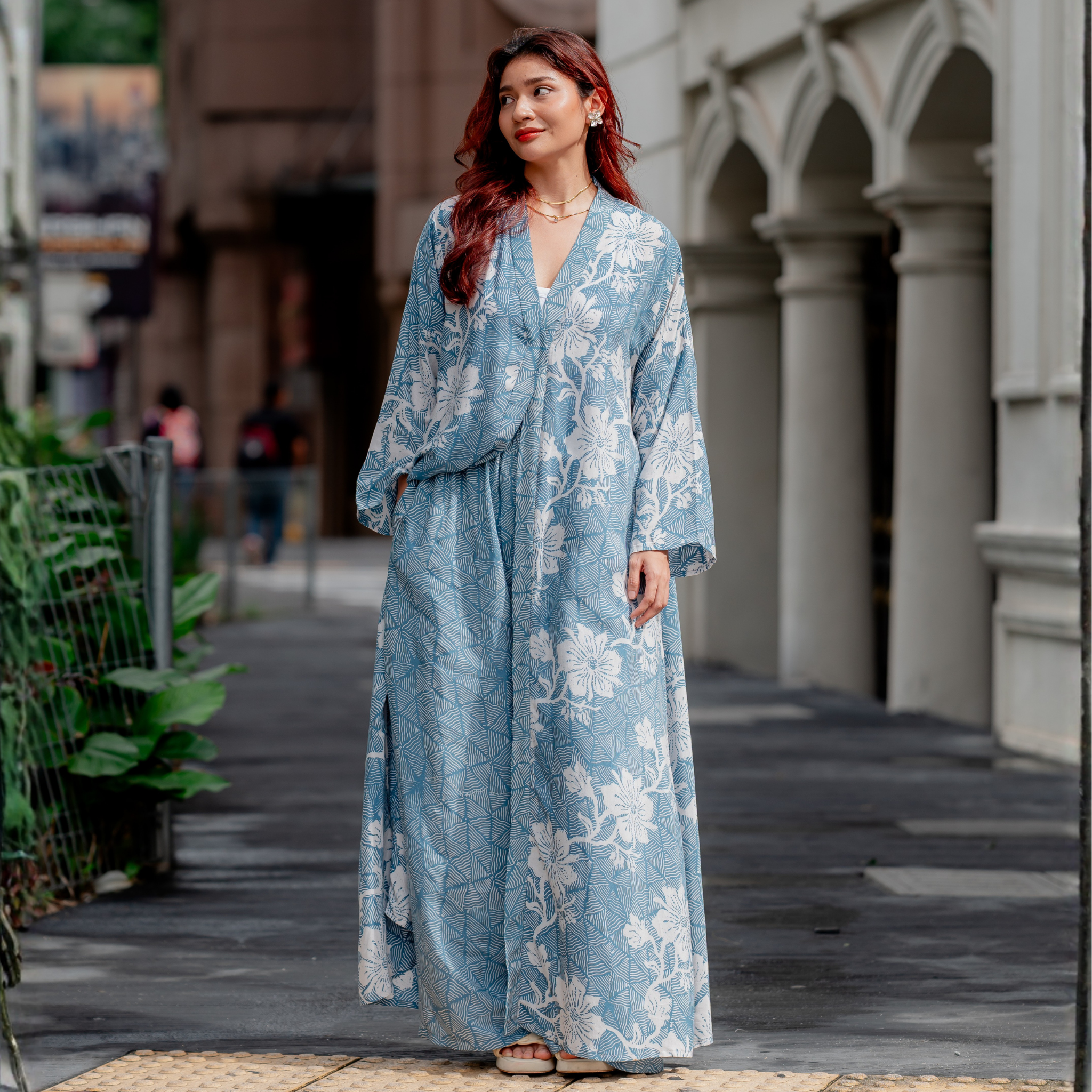 Raya Long  Kebaya Outer with Pants - Blue