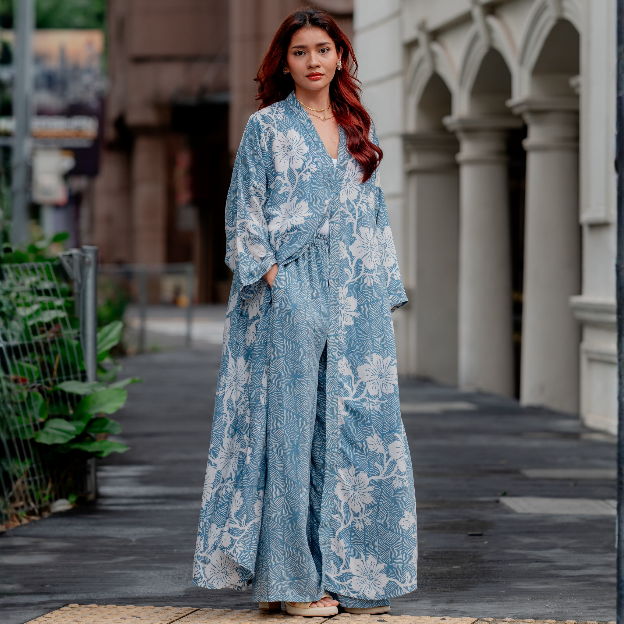 Raya Long  Kebaya Outer with Pants - Blue