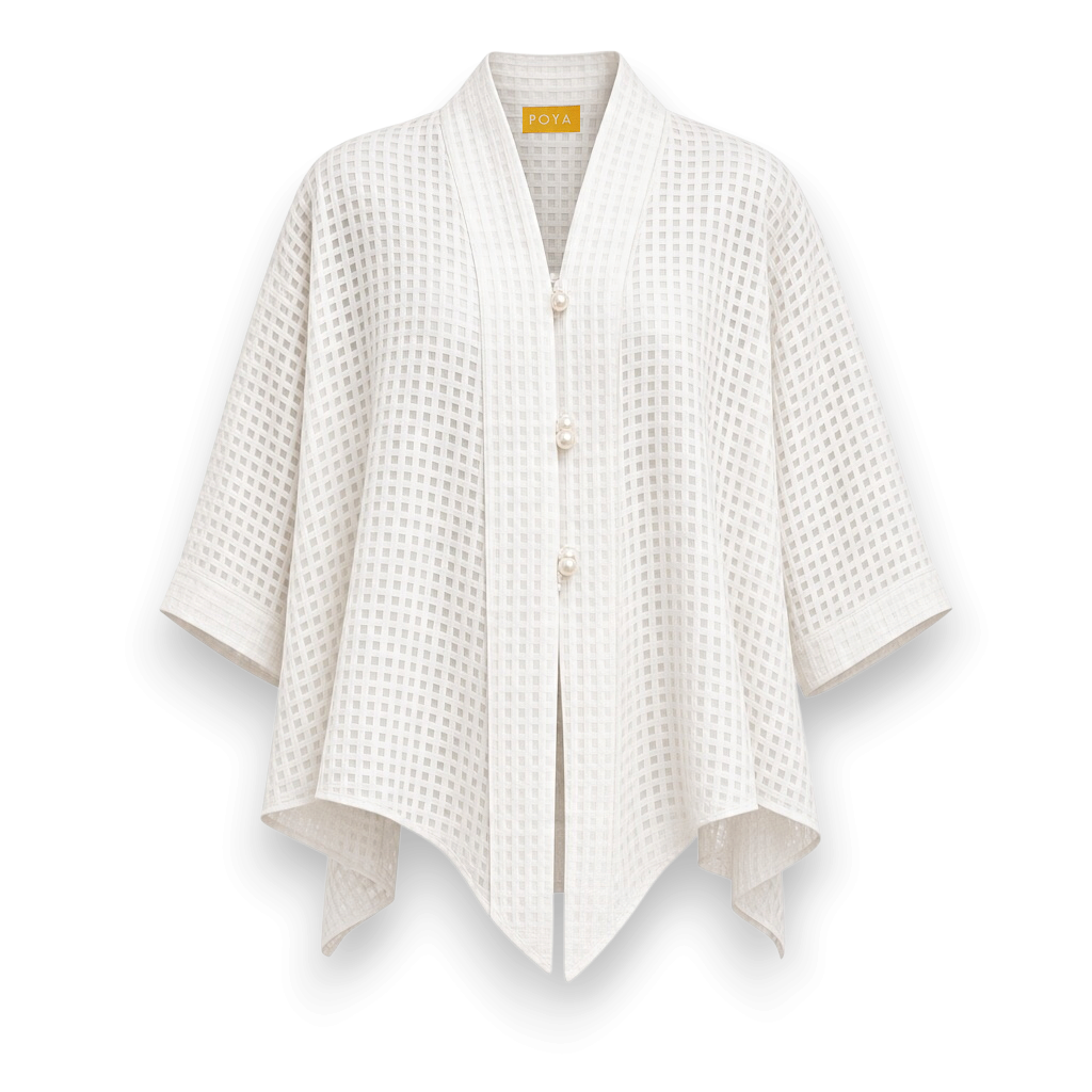 POYA white Kayya short kebaya top with a textured grid pattern, V-neckline, and pearl button front closure.