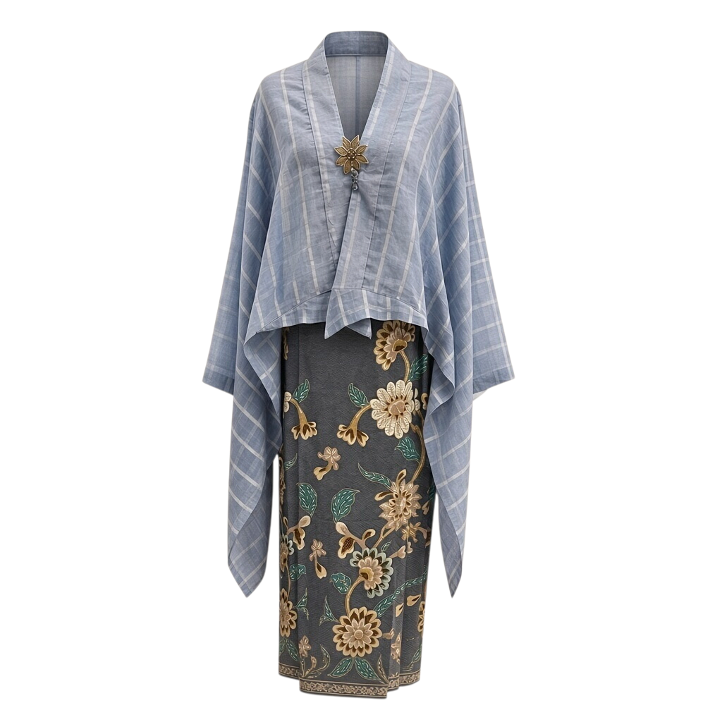 POYA Tokko Kebaya crop top in blue cotton muslin with a plaid pattern, paired with a floral batik sarong skirt.