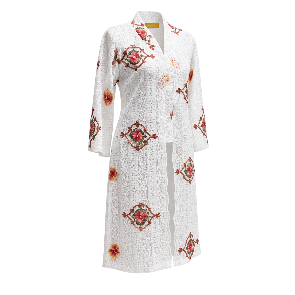 POYA white long kebaya top in embroidered lace with floral patterns and a classic silhouette