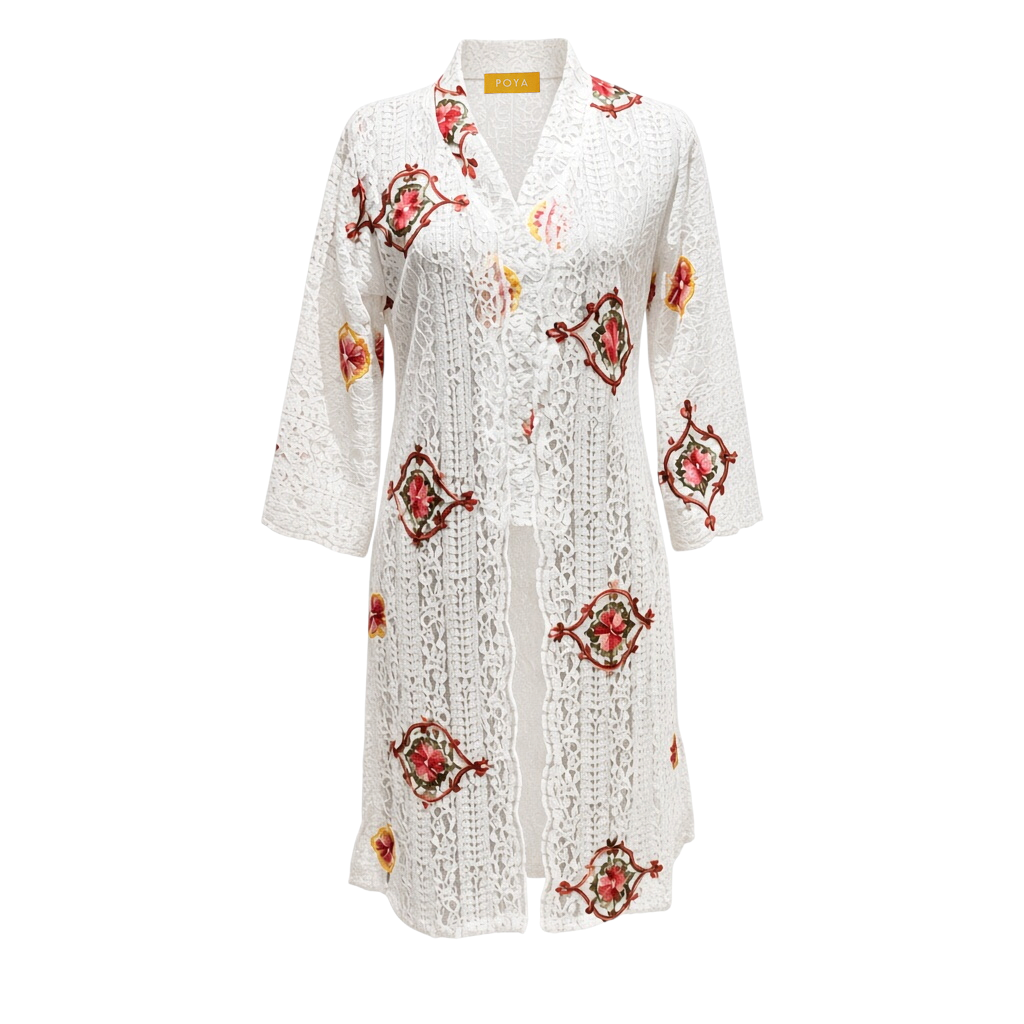POYA white long kebaya top in embroidered lace with red and yellow floral patterns and a classic open front design