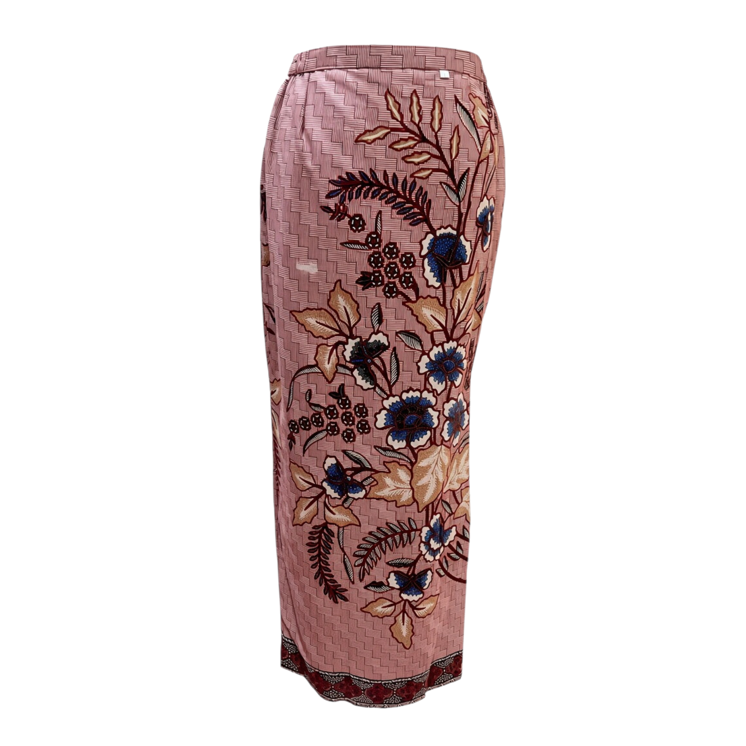 POYA maroon batik skirt with floral pattern, front overlap, and half elastic waist